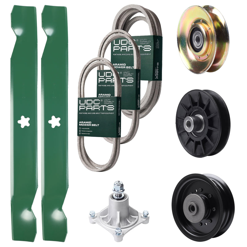 Bulk Lawn Mower Pulleys -  UDC Parts Mower Kit / Belt 138255 + Belt 194346 + Belt 539117245 + Pulley 127783 + Pulley 532194326 + Pulley 532196104 + Spindle 532174356 + 2 Pack Blades 138497 / Fits Husqvarna LT1597