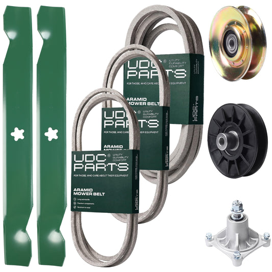 Bulk Lawn Mower Pulleys -  UDC Parts Mower Kit / Belt 138255 + Belt 194346 + Belt 539117245 + Pulley 127783 + Pulley 532194326 + Spindle 532174356 + 2 Pack Blades 138497 / Fits Husqvarna LT1597