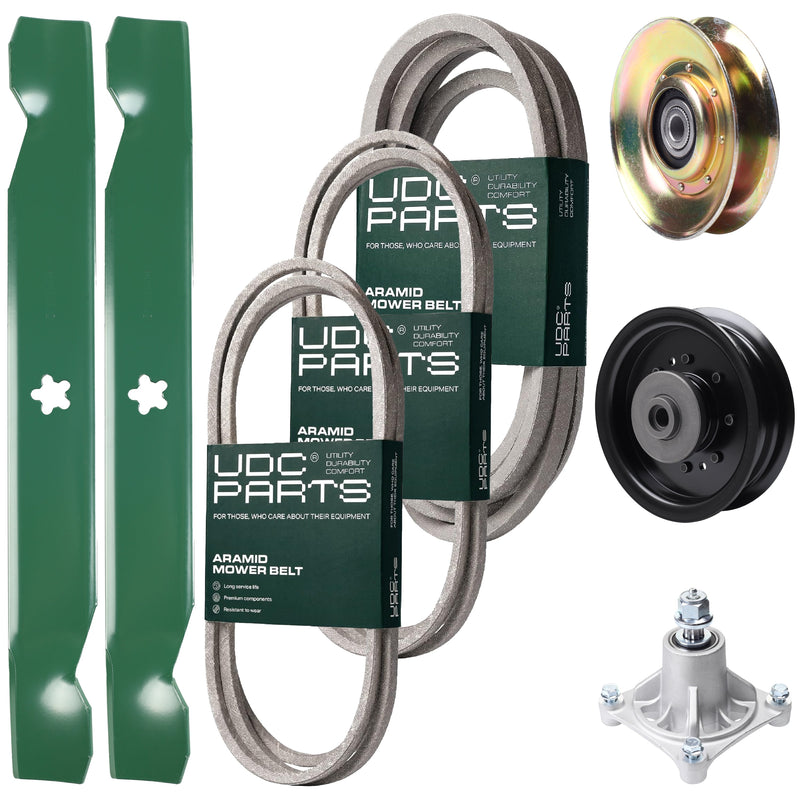 Bulk Lawn Mower Pulleys -  UDC Parts Mower Kit / Belt 138255 + Belt 194346 + Belt 539117245 + Pulley 127783 + Pulley 532196104 + Spindle 532174356 + 2 Pack Blades 138497 / Fits Husqvarna LT1597