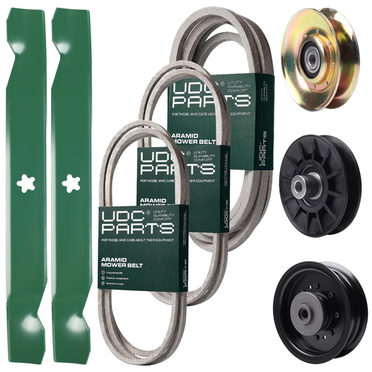 Bulk Lawn Mower Pulleys -  UDC Parts Mower Kit / Belt 138255 + Belt 194346 + Belt 539117245 + Pulley 127783 + Pulley 532194326 + Pulley 532196104 + 2 Pack Blades 138497 / Fits Husqvarna LT1597
