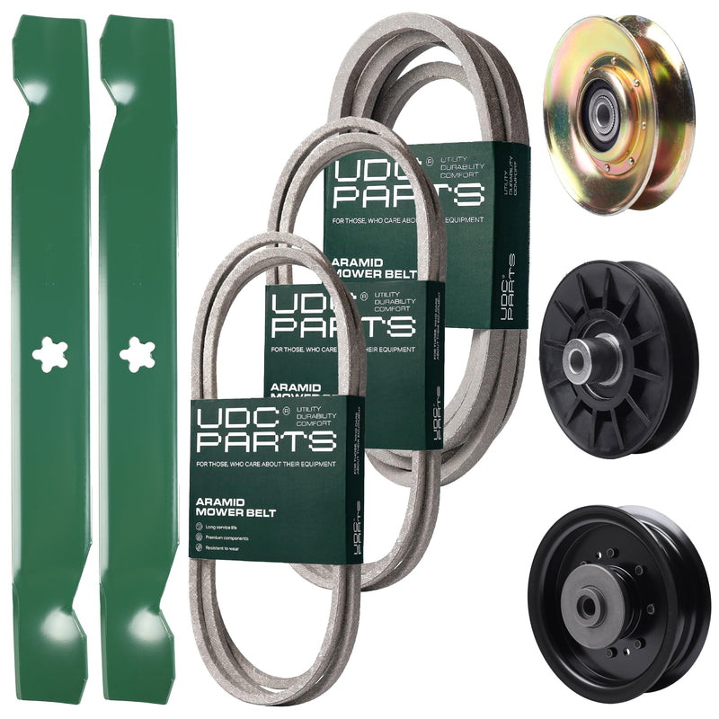 Bulk Lawn Mower Pulleys -  UDC Parts Mower Kit / Belt 138255 + Belt 194346 + Belt 539117245 + Pulley 127783 + Pulley 532194326 + Pulley 532196104 + 2 Pack Blades 138497 / Fits Husqvarna LT1597
