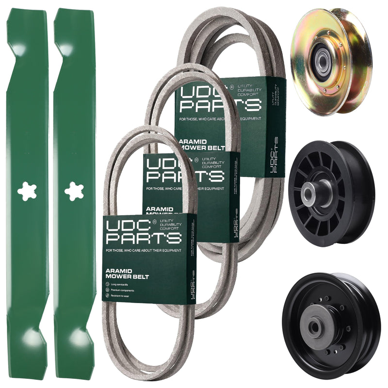 Bulk Lawn Mower Pulleys -  UDC Parts Mower Kit / Belt 138255 + Belt 194346 + Belt 539117245 + Pulley 127783 + Pulley 532194327 + Pulley 532196104 + 2 Pack Blades 138497 / Fits Husqvarna LT1597