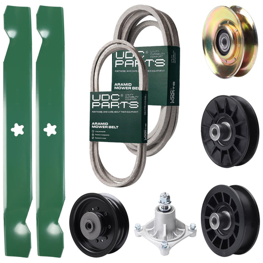Bulk Lawn Mower Pulleys -  UDC Parts Mower Kit / Belt 194346 + Belt 539117245 + Pulley 127783 + Pulley 532194326 + Pulley 532194327 + Pulley 532196104 + Spindle 532174356 + 2 Pack Blades 138497 / Fits Husqvarna LT1597