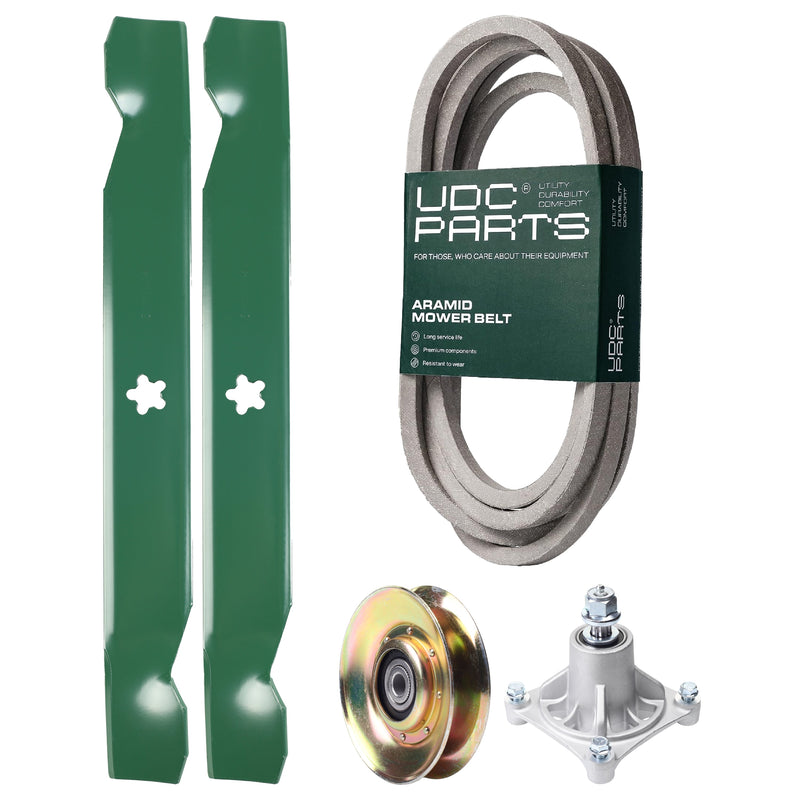 Products -  UDC Parts Mower Kit / Belt 539117245 + Pulley 127783 + Spindle 532174356 + 2 Pack Blades 138497 / Fits Husqvarna LT1597