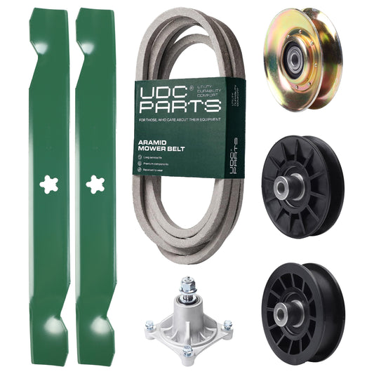 Wholesale Lawn Mower Parts -  UDC Parts Mower Kit / Belt 539117245 + Pulley 127783 + Pulley 532194326 + Pulley 532194327 + Spindle 532174356 + 2 Pack Blades 138497 / Fits Husqvarna LT1597