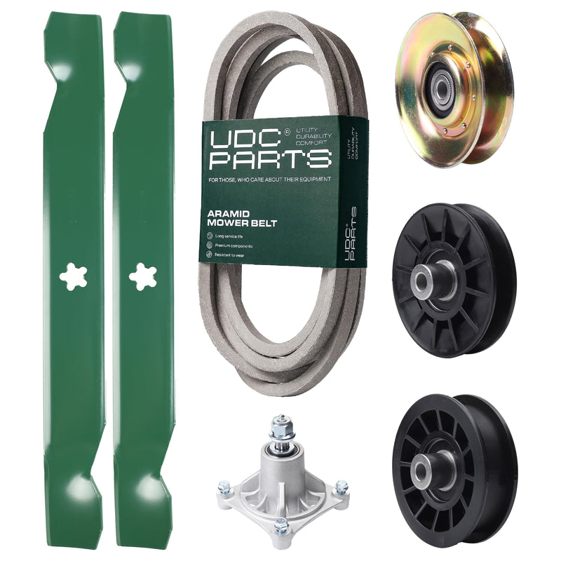 Wholesale Lawn Mower Parts -  UDC Parts Mower Kit / Belt 539117245 + Pulley 127783 + Pulley 532194326 + Pulley 532194327 + Spindle 532174356 + 2 Pack Blades 138497 / Fits Husqvarna LT1597