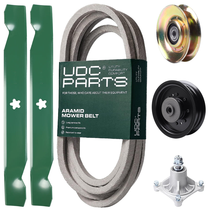  UDC Parts Mower Kit / Belt 539117245 + Pulley 127783 + Pulley 532196104 + Spindle 532174356 + 2 Pack Blades 138497 / Fits Husqvarna LT1597