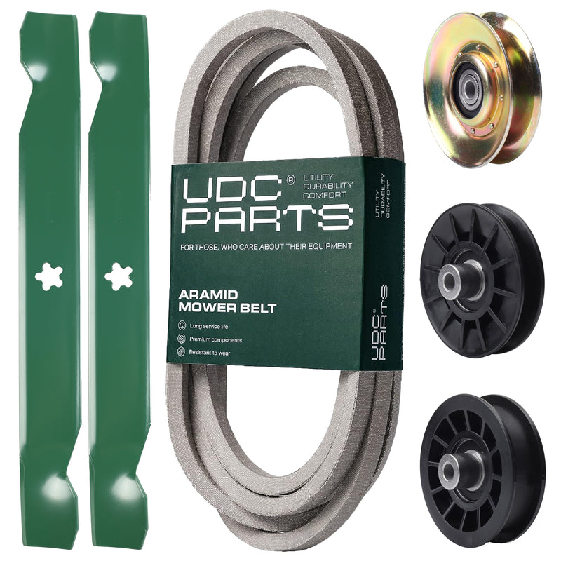  UDC Parts Mower Kit / Belt 539117245 + Pulley 127783 + Pulley 532194326 + Pulley 532194327 + 2 Pack Blades 138497 / Fits Husqvarna LT1597