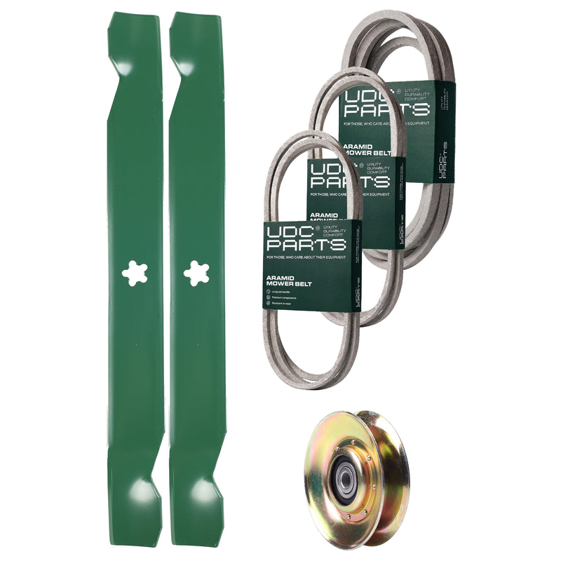  UDC Parts Mower Kit / Belt 140294 + Belt 144959 + Belt 539109243 + Pulley 127783 + 2 Pack Blades 138971 / Fits Husqvarna LTH1542