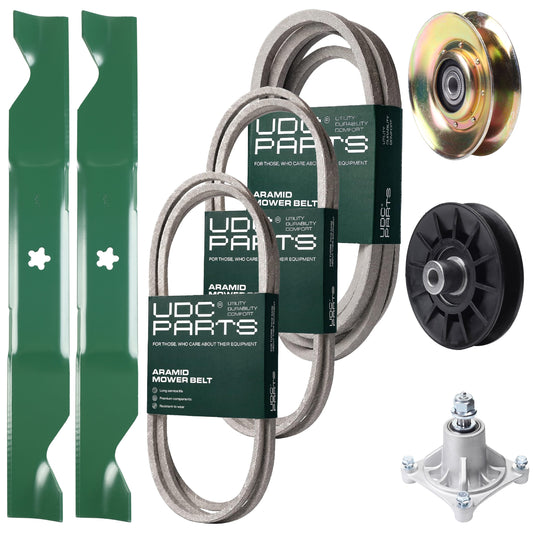 Bulk Lawn Mower Pulleys -  UDC Parts Mower Kit / Belt 138255 + Belt 194346 + Belt 539117245 + Pulley 127783 + Pulley 532194326 + Spindle 532174356 + 2 Pack Blades 405380 / Fits Husqvarna LT1597