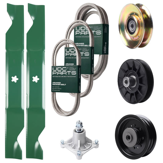 Bulk Lawn Mower Pulleys -  UDC Parts Mower Kit / Belt 138255 + Belt 194346 + Belt 539117245 + Pulley 127783 + Pulley 532194326 + Pulley 532196104 + Spindle 532174356 + 2 Pack Blades 405380 / Fits Husqvarna LT1597