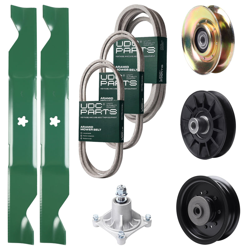 Bulk Lawn Mower Pulleys -  UDC Parts Mower Kit / Belt 138255 + Belt 194346 + Belt 539117245 + Pulley 127783 + Pulley 532194326 + Pulley 532196104 + Spindle 532174356 + 2 Pack Blades 405380 / Fits Husqvarna LT1597
