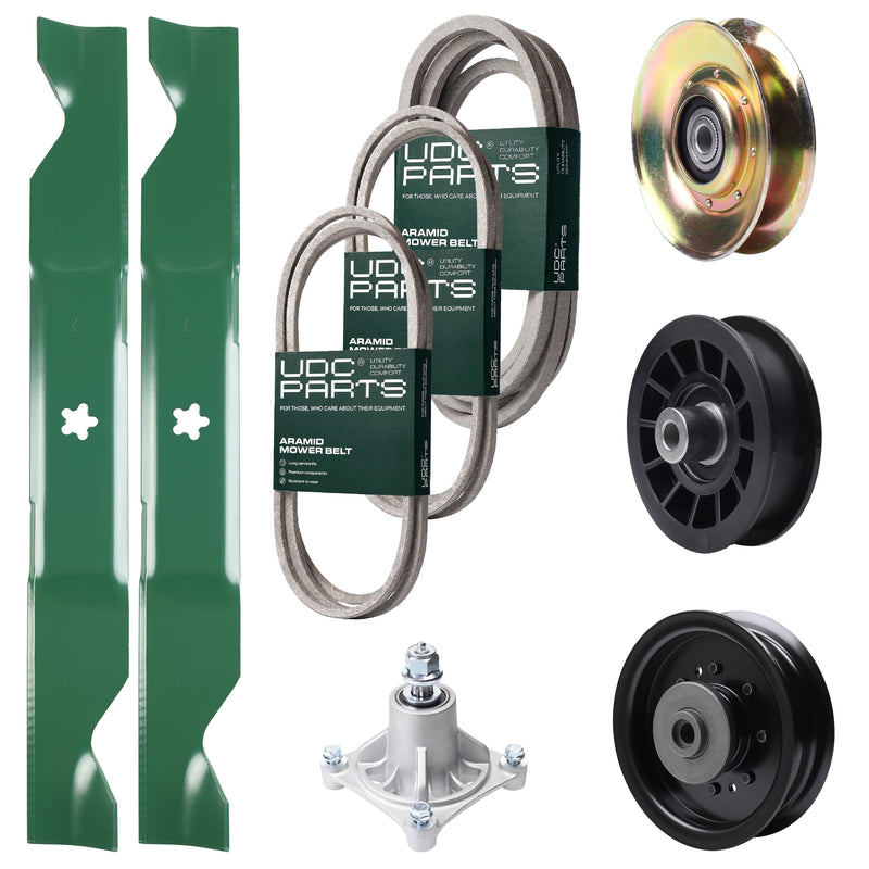 Bulk Lawn Mower Pulleys -  UDC Parts Mower Kit / Belt 138255 + Belt 194346 + Belt 539117245 + Pulley 127783 + Pulley 532194327 + Pulley 532196104 + Spindle 532174356 + 2 Pack Blades 405380 / Fits Husqvarna LT1597