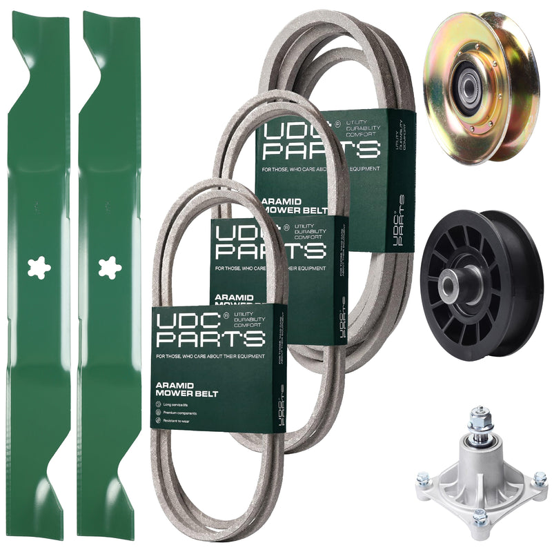 Bulk Lawn Mower Pulleys -  UDC Parts Mower Kit / Belt 138255 + Belt 194346 + Belt 539117245 + Pulley 127783 + Pulley 532194327 + Spindle 532174356 + 2 Pack Blades 405380 / Fits Husqvarna LT1597