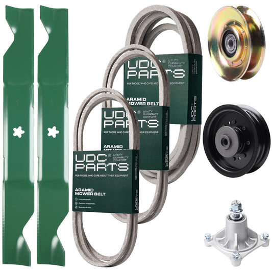 Bulk Lawn Mower Pulleys -  UDC Parts Mower Kit / Belt 138255 + Belt 194346 + Belt 539117245 + Pulley 127783 + Pulley 532196104 + Spindle 532174356 + 2 Pack Blades 405380 / Fits Husqvarna LT1597
