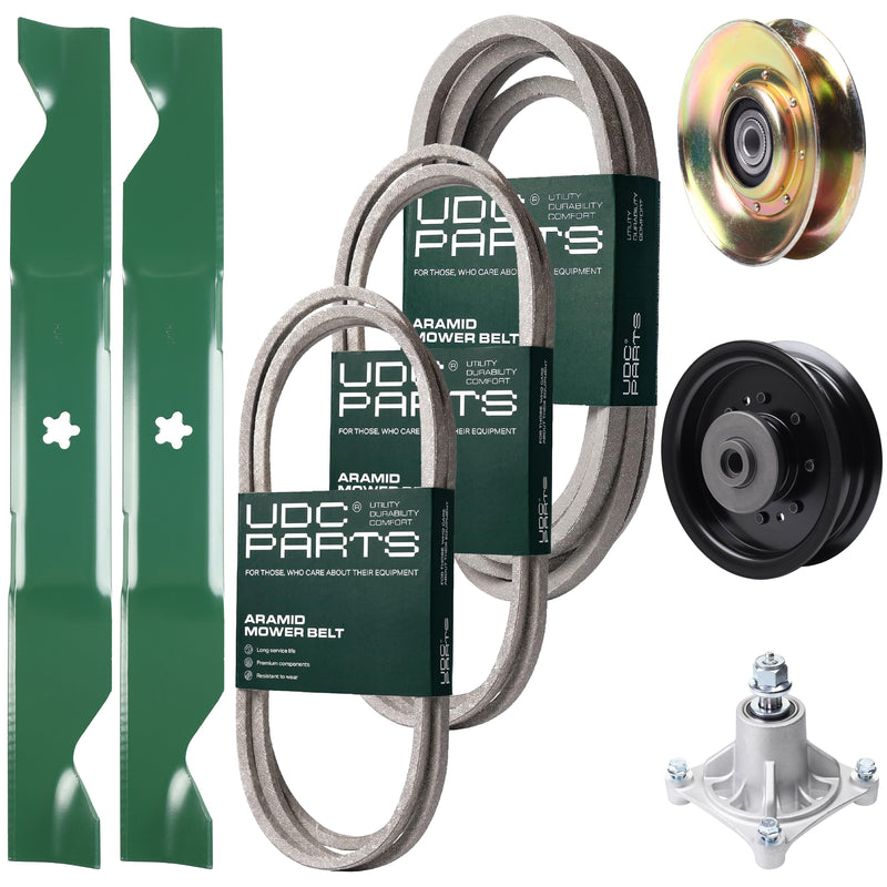 Bulk Lawn Mower Pulleys -  UDC Parts Mower Kit / Belt 138255 + Belt 194346 + Belt 539117245 + Pulley 127783 + Pulley 532196104 + Spindle 532174356 + 2 Pack Blades 405380 / Fits Husqvarna LT1597