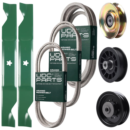 Bulk Lawn Mower Pulleys -  UDC Parts Mower Kit / Belt 138255 + Belt 194346 + Belt 539117245 + Pulley 127783 + Pulley 532194327 + Pulley 532196104 + 2 Pack Blades 405380 / Fits Husqvarna LT1597