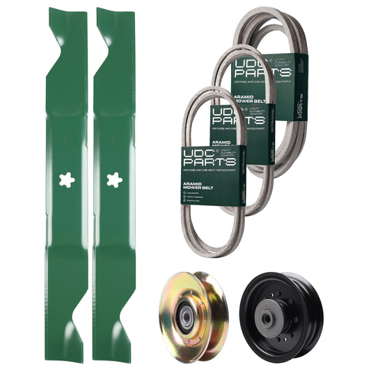 Wholesale Lawn Mower Parts -  UDC Parts Mower Kit / Belt 138255 + Belt 194346 + Belt 539117245 + Pulley 127783 + Pulley 532196104 + 2 Pack Blades 405380 / Fits Husqvarna LT1597