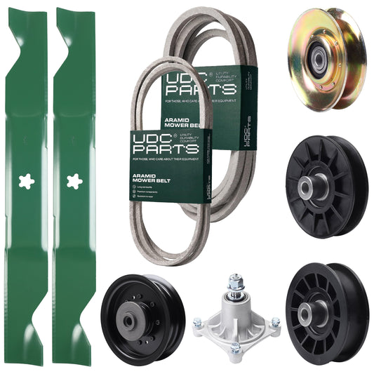 Bulk Lawn Mower Pulleys -  UDC Parts Mower Kit / Belt 194346 + Belt 539117245 + Pulley 127783 + Pulley 532194326 + Pulley 532194327 + Pulley 532196104 + Spindle 532174356 + 2 Pack Blades 405380 / Fits Husqvarna LT1597