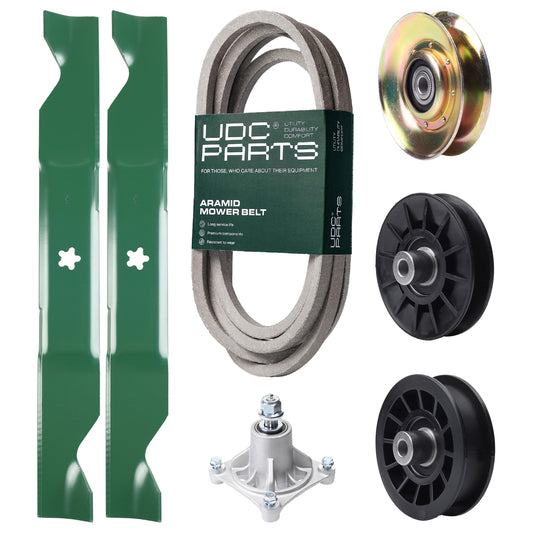 Wholesale Lawn Mower Parts -  UDC Parts Mower Kit / Belt 539117245 + Pulley 127783 + Pulley 532194326 + Pulley 532194327 + Spindle 532174356 + 2 Pack Blades 405380 / Fits Husqvarna LT1597