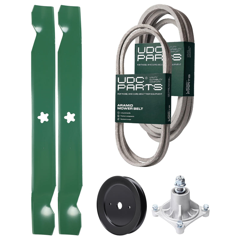  UDC Parts Mower Kit / Belt 174883 + Belt 539109243 + Pulley 129861 + Spindle 532174356 + 2 Pack Blades 138971 / Fits Husqvarna LTH1542