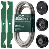 UDC Parts Mower Kit / Belt 539117245 + Pulley 129861 + Pulley 532196106 + Pulley 532196104 + 2 Pack Blades 405380 / Fits Husqvarna LSZ4622 LSZ5422 LSZ5424