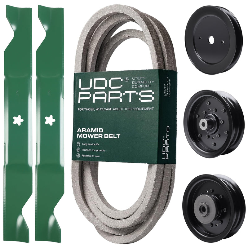  UDC Parts Mower Kit / Belt 539117245 + Pulley 129861 + Pulley 532196106 + Pulley 532196104 + 2 Pack Blades 405380 / Fits Husqvarna LSZ4622 LSZ5422 LSZ5424