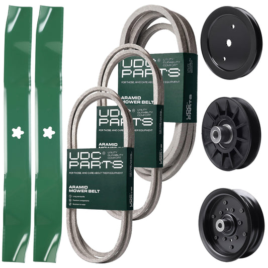 Bulk Lawn Mower Pulleys -  UDC Parts Mower Kit / Belt 130969 + Belt 140218 + Belt 197242 + Pulley 195945 + Pulley 532194326 + Pulley 532196106 + 2 Pack Blades 134149 / Fits Jonsered LT2223A2