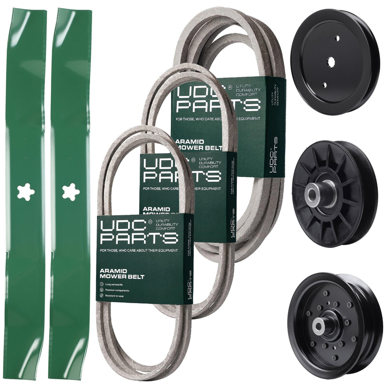 Bulk Lawn Mower Pulleys -  UDC Parts Mower Kit / Belt 130969 + Belt 140218 + Belt 197242 + Pulley 195945 + Pulley 532194326 + Pulley 532196106 + 2 Pack Blades 134149 / Fits Jonsered LT2223A2