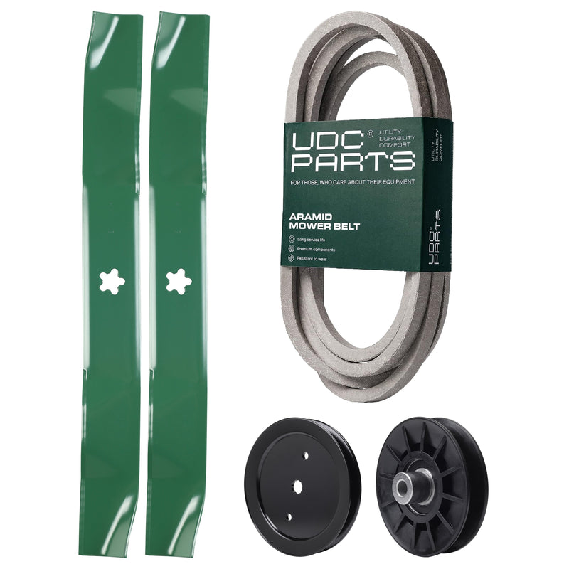  UDC Parts Mower Kit / Belt 197242 + Pulley 195945 + Pulley 532194326 + 2 Pack Blades 134149 / Fits Jonsered LT2223A2