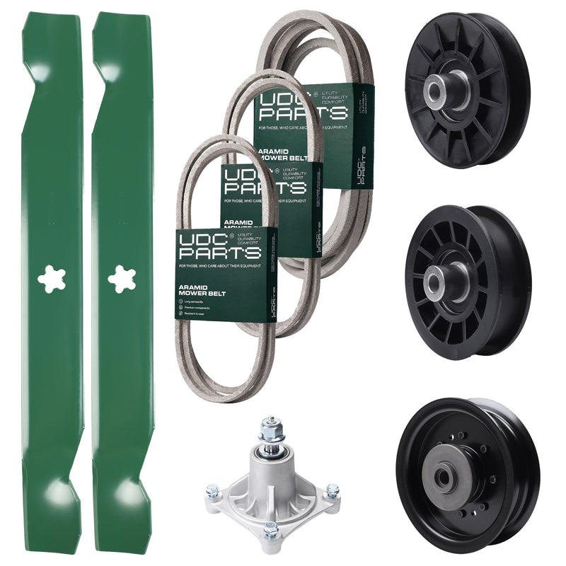 Bulk Lawn Mower Pulleys -  UDC Parts Mower Kit / Belt 138255 + Belt 194346 + Belt 539117245 + Pulley 532194326 + Pulley 532194327 + Pulley 532196104 + Spindle 532174356 + 2 Pack Blades 138497 / Fits Husqvarna LT1597