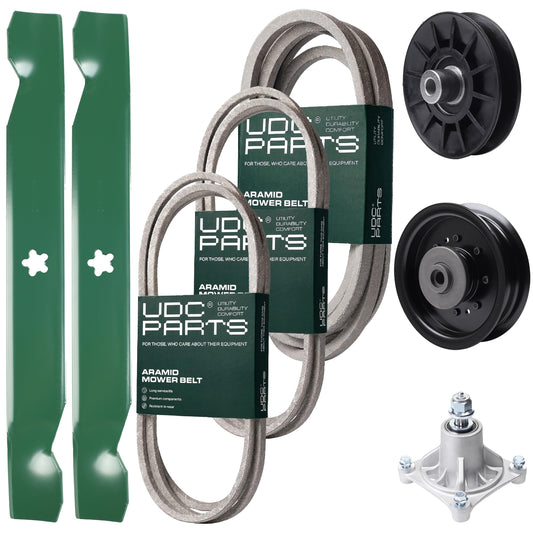 Bulk Lawn Mower Pulleys -  UDC Parts Mower Kit / Belt 138255 + Belt 194346 + Belt 539117245 + Pulley 532194326 + Pulley 532196104 + Spindle 532174356 + 2 Pack Blades 138497 / Fits Husqvarna LT1597