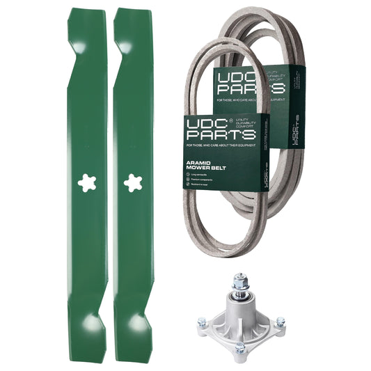 Products -  UDC Parts Mower Kit / Belt 194346 + Belt 539117245 + Spindle 532174356 + 2 Pack Blades 138497 / Fits Husqvarna LT1597