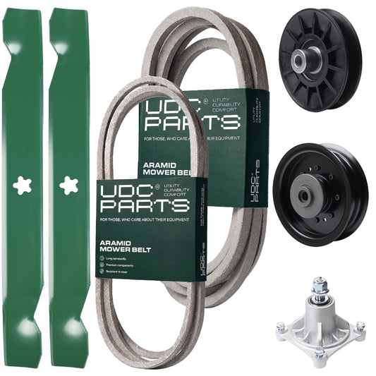 Wholesale Lawn Mower Parts -  UDC Parts Mower Kit / Belt 194346 + Belt 539117245 + Pulley 532194326 + Pulley 532196104 + Spindle 532174356 + 2 Pack Blades 138497 / Fits Husqvarna LT1597