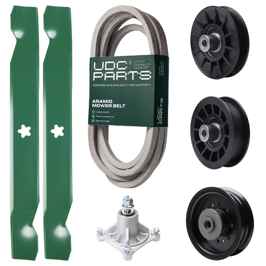 Wholesale Lawn Mower Parts -  UDC Parts Mower Kit / Belt 539117245 + Pulley 532194326 + Pulley 532194327 + Pulley 532196104 + Spindle 532174356 + 2 Pack Blades 138497 / Fits Husqvarna LT1597