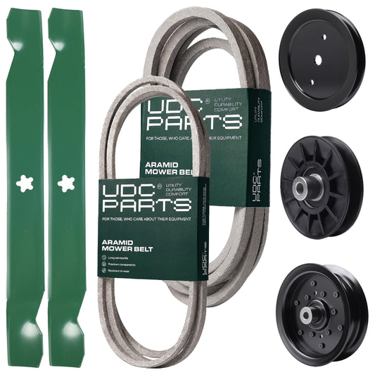 Wholesale Lawn Mower Parts -  UDC Parts Mower Kit / Belt 197242 + Belt 197253 + Pulley 195945 + Pulley 532194326 + Pulley 532196106 + 2 Pack Blades 138971 / Fits Jonsered LT2223A2
