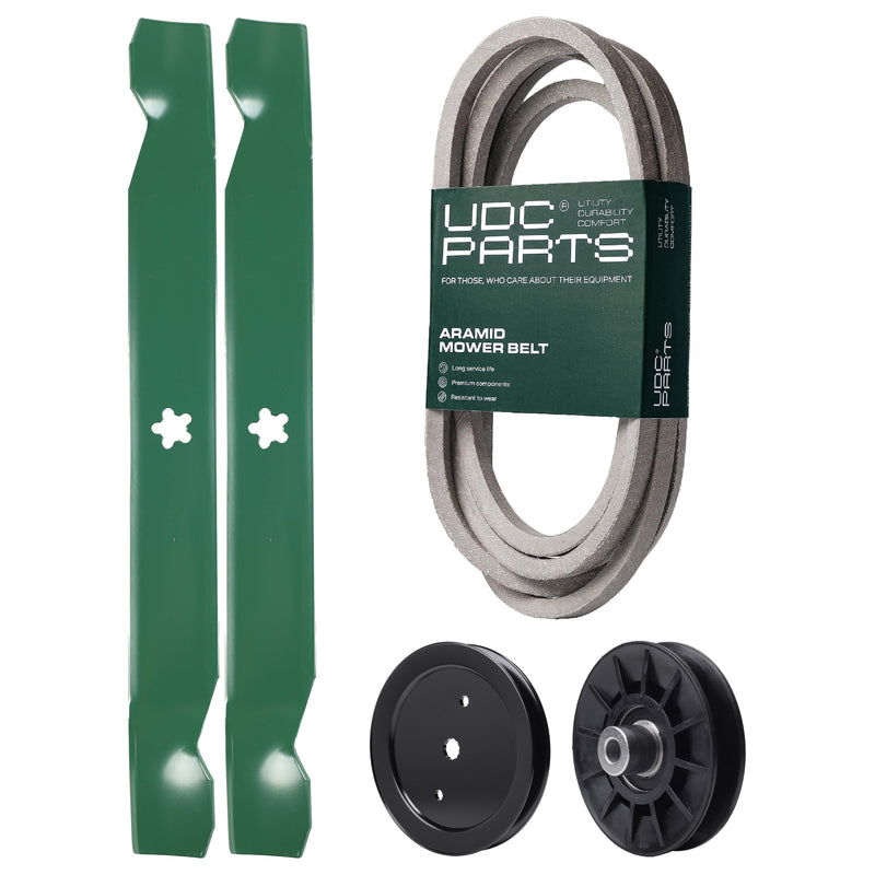  UDC Parts Mower Kit / Belt 197242 + Pulley 195945 + Pulley 532194326 + 2 Pack Blades 138971 / Fits Jonsered LT2223A2