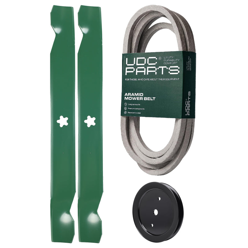  UDC Parts Mower Kit / Belt 539117245 + Pulley 195945 + 2 Pack Blades 138971 / Fits Husqvarna RZ4219 RZ4221BF