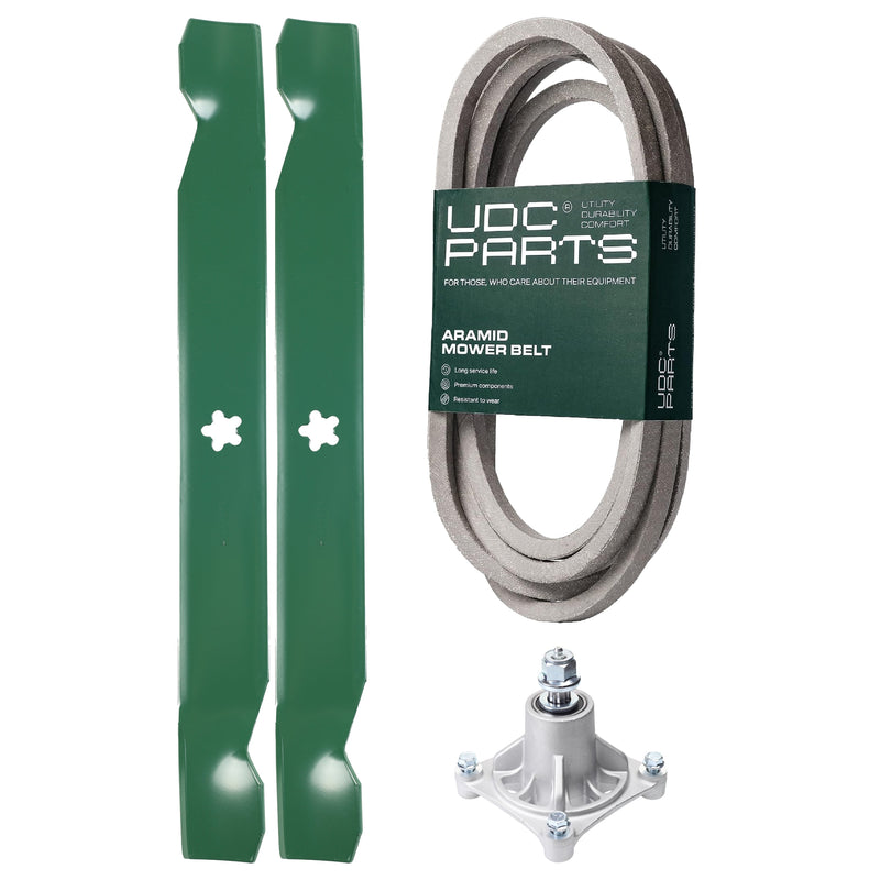  UDC Parts Mower Kit / Belt 539114557 + Spindle 532174356 + 2 Pack Blades 138971 / Fits Husqvarna RZ4219 RZ4619 RZ4620 RZ5422 RZ5424