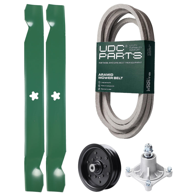  UDC Parts Mower Kit / Belt 539117245 + Pulley 532196106 + Spindle 532174356 + 2 Pack Blades 138971 / Fits Husqvarna RZ4219 RZ4619 RZ4620 RZ5422 RZ5424