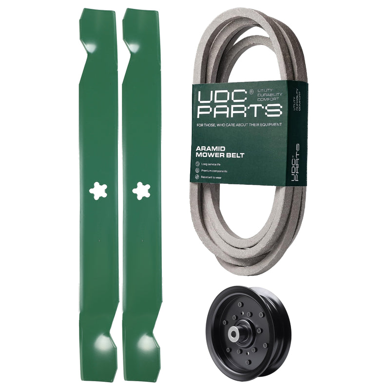  UDC Parts Mower Kit / Belt 539114557 + Pulley 532196106 + 2 Pack Blades 138971 / Fits Husqvarna RZ4219 RZ4619 RZ4620 RZ5422 RZ5424