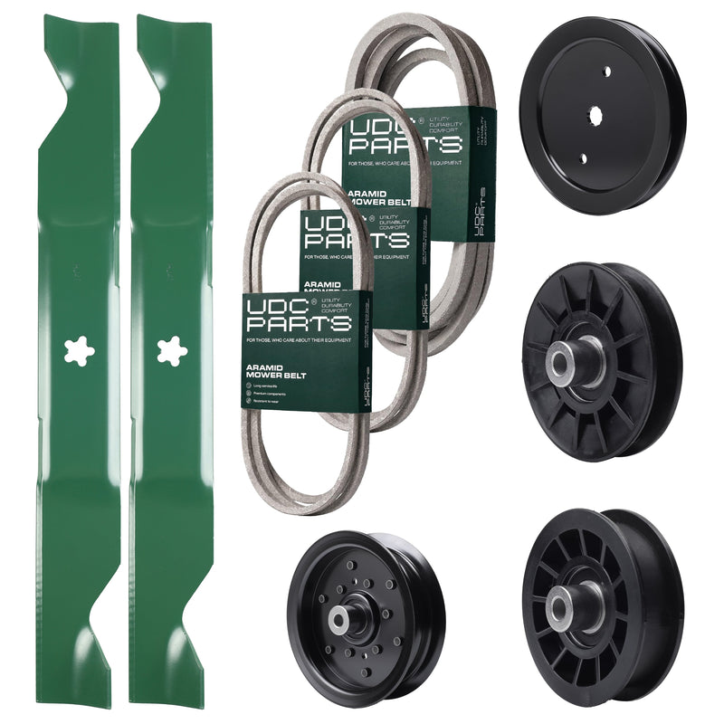 Bulk Lawn Mower Pulleys -  UDC Parts Mower Kit / Belt 130969 + Belt 197242 + Belt 405143 + Pulley 195945 + Pulley 532194326 + Pulley 532196106 + Pulley 532194327 + 2 Pack Blades 405380 / Fits Jonsered LT2320A2