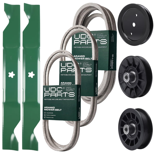 Bulk Lawn Mower Pulleys -  UDC Parts Mower Kit / Belt 130969 + Belt 197242 + Belt 405143 + Pulley 195945 + Pulley 532194326 + Pulley 532194327 + 2 Pack Blades 405380 / Fits Jonsered LT2320A2
