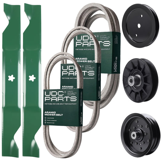 Bulk Lawn Mower Pulleys -  UDC Parts Mower Kit / Belt 130969 + Belt 140218 + Belt 197242 + Pulley 195945 + Pulley 532194326 + Pulley 532196106 + 2 Pack Blades 405380 / Fits Jonsered LT2223A2