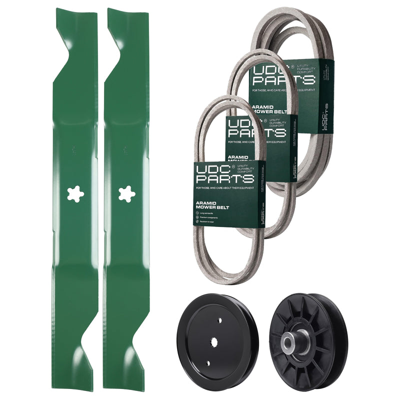 Wholesale Lawn Mower Parts -  UDC Parts Mower Kit / Belt 140218 + Belt 197242 + Belt 197253 + Pulley 195945 + Pulley 532194326 + 2 Pack Blades 405380 / Fits Jonsered LT2223A2