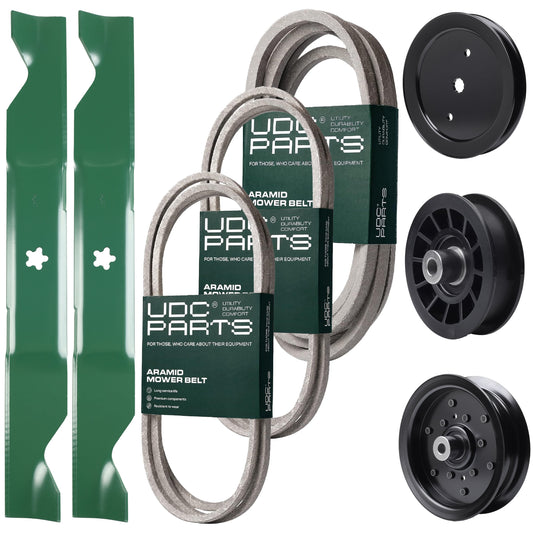 Bulk Lawn Mower Pulleys -  UDC Parts Mower Kit / Belt 130969 + Belt 197242 + Belt 405143 + Pulley 195945 + Pulley 532196106 + Pulley 532194327 + 2 Pack Blades 405380 / Fits Jonsered LT2320A2