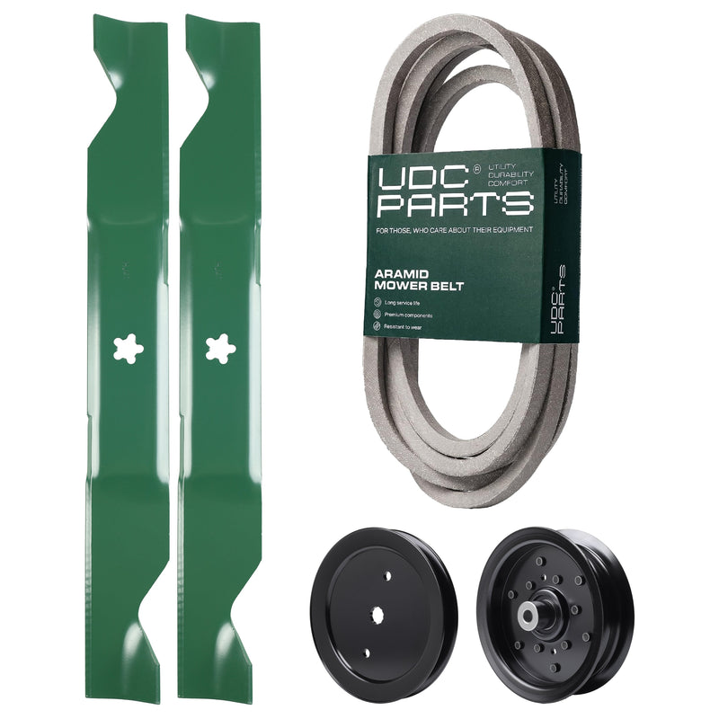  UDC Parts Mower Kit / Belt 197242 + Pulley 195945 + Pulley 532196106 + 2 Pack Blades 405380 / Fits Jonsered LT2223A2 LT2320A2