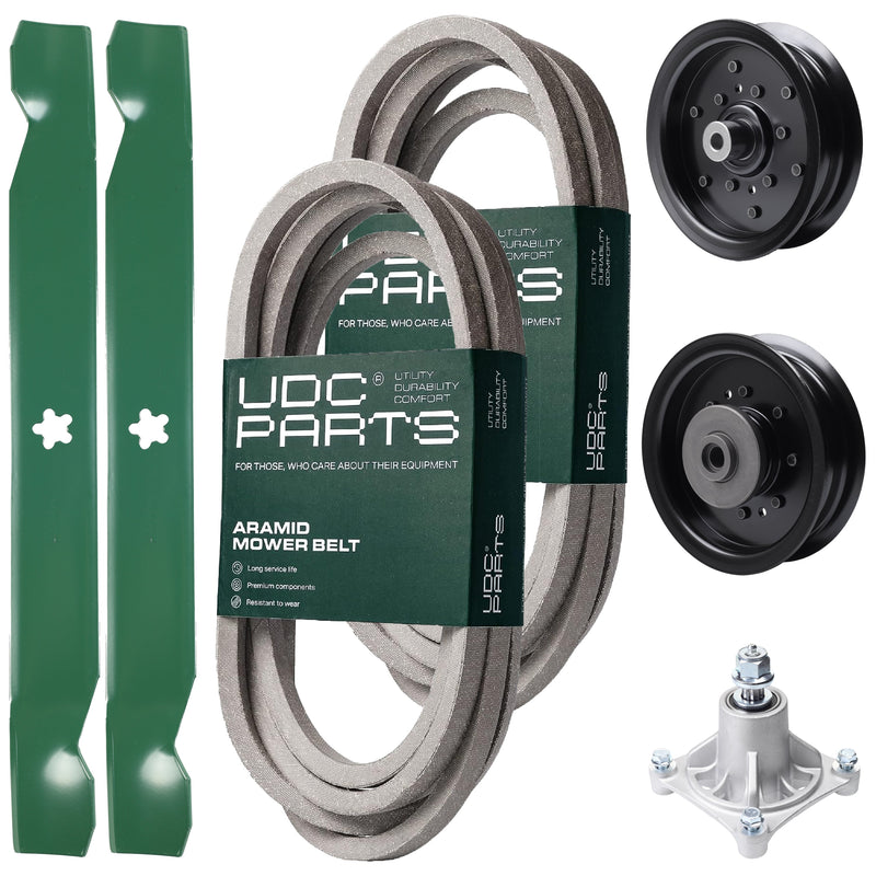 Wholesale Lawn Mower Parts -  UDC Parts Mower Kit / Belt 539114557 + Belt 539117245 + Pulley 532196106 + Pulley 532196104 + Spindle 532174356 + 2 Pack Blades 138971 / Fits Husqvarna RZ4619 RZ4620 RZ5422 RZ5424