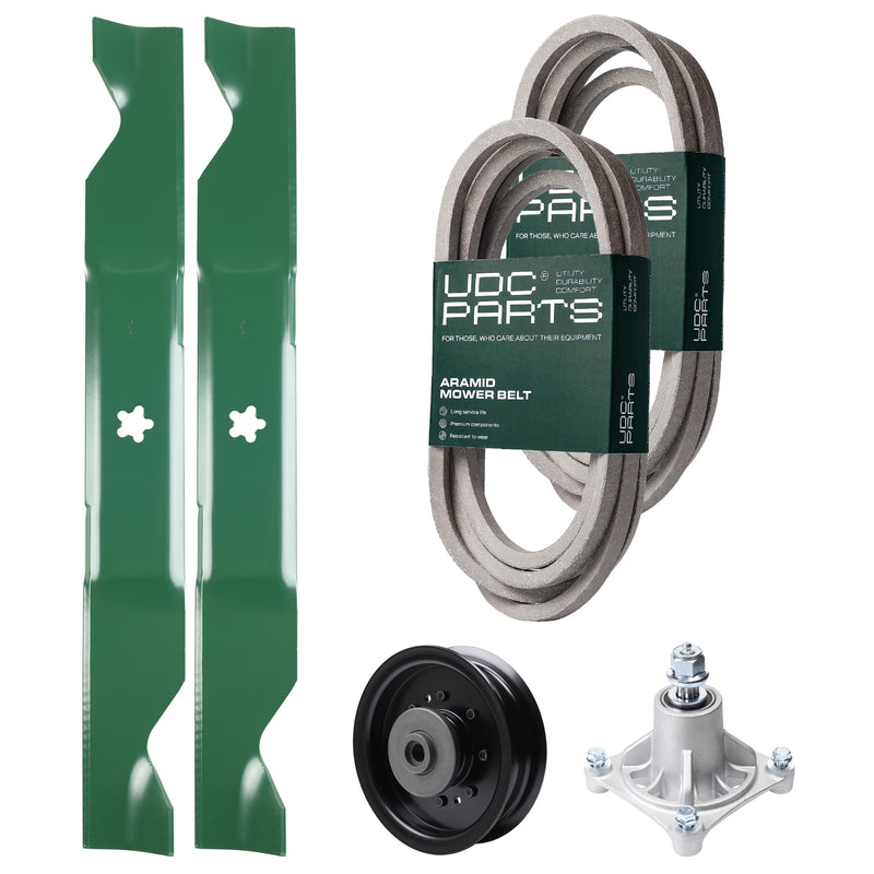  UDC Parts Mower Kit / Belt 539114557 + Belt 539117245 + Pulley 532196104 + Spindle 532174356 + 2 Pack Blades 405380 / Fits Husqvarna LSZ4622 LSZ5422 LSZ5424