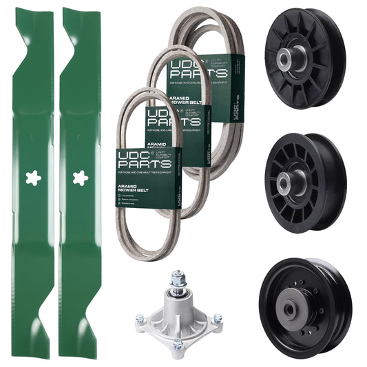 Bulk Lawn Mower Pulleys -  UDC Parts Mower Kit / Belt 138255 + Belt 194346 + Belt 539117245 + Pulley 532194326 + Pulley 532194327 + Pulley 532196104 + Spindle 532174356 + 2 Pack Blades 405380 / Fits Husqvarna LT1597